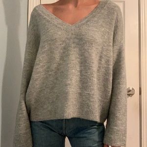 Light Grey V Neck Bell Sleeve Knit Sweater
